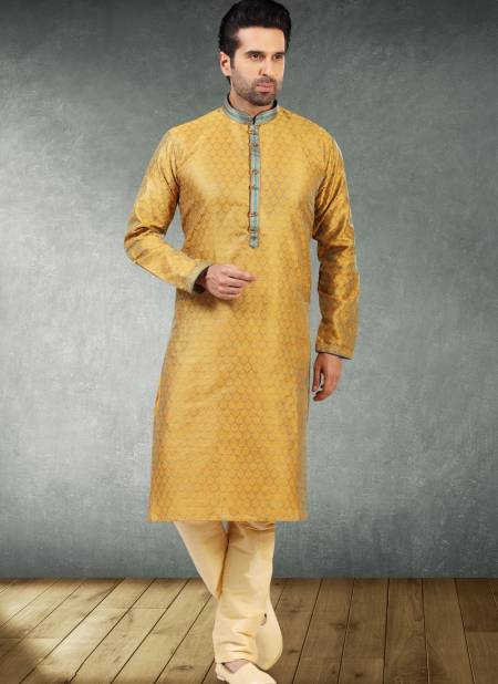 Yellow New Design Jacquard Silk Brocade Festive Wear Latest Kurta Pajama Mens Collection 1219-1009